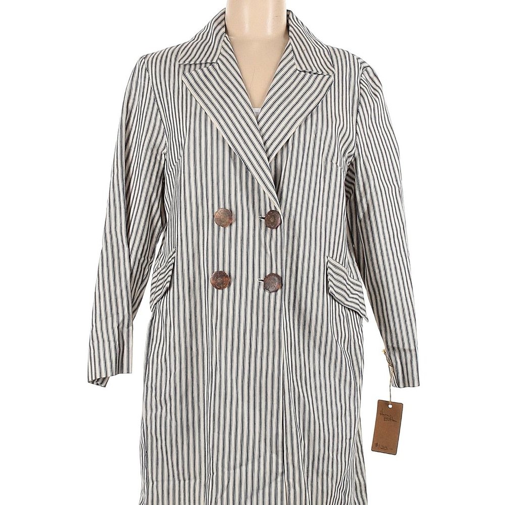 NWT Sally Bridge White & Navy Trench Denim Hippie Coat Size L Made in USA